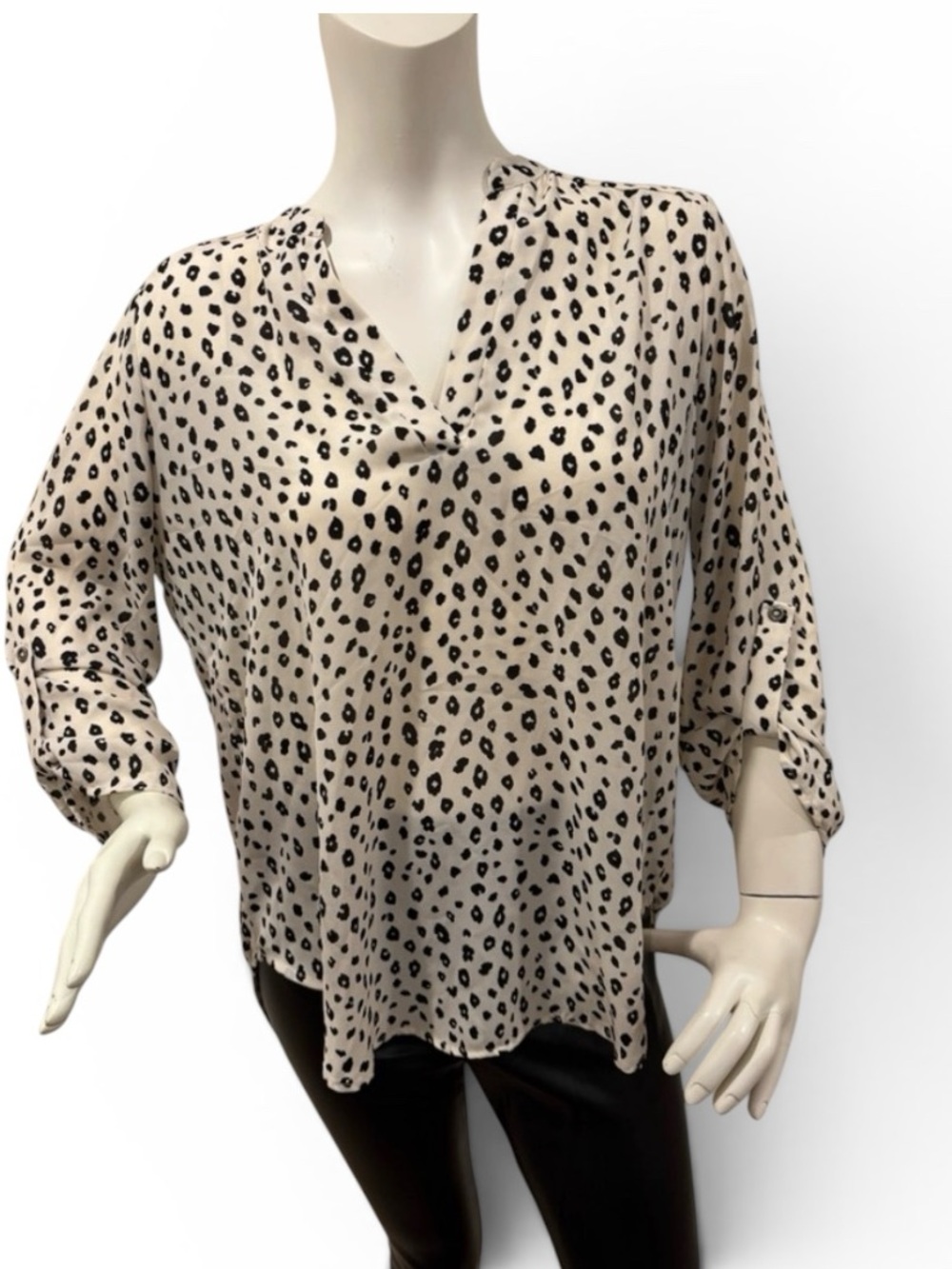 Lush Animal Print Split Neck Sheer Blouse 3/4 sleeves in Black & White, Women L